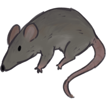 a painterly style drawing of a grey-brown rat with dirty pink ears and tail